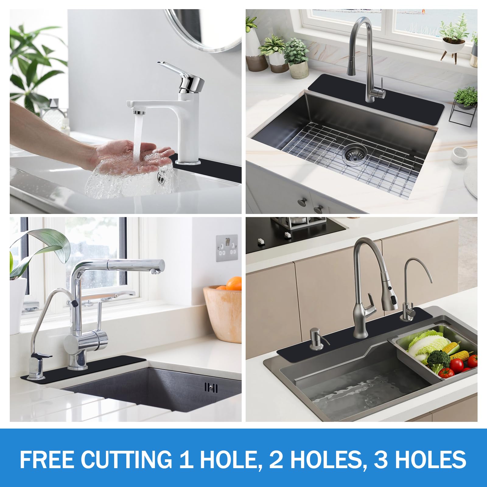 2 Pcs Bathroom Sink Splash Guard- Faucet Mat for Kitchen Sink 3 Holes, Freely Cutting Splash Guard Behind Faucet Drip Catcher for Kitchen for mat Sink in Kitchen,Bathroom,RV and Camper