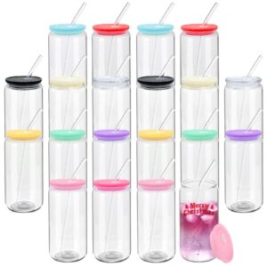 20 pack drinking glass cups with acrylic lids and glass straws 16oz clear glass tumblers can shaped iced coffee cups drinking glasses, cute glass cups for tea beer soda smoothie whiskey gift