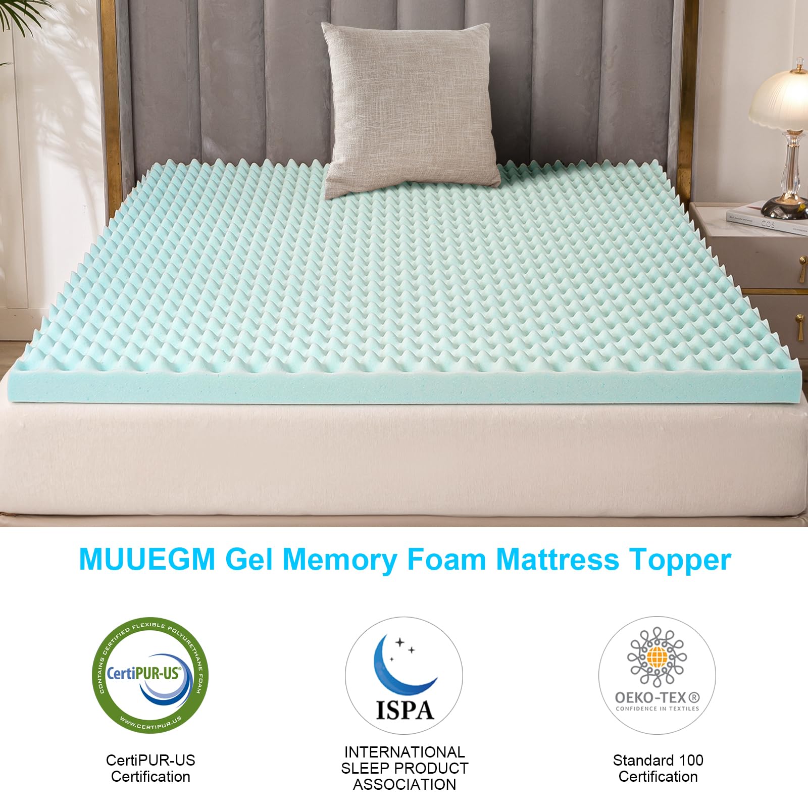 MUUEGM Mattress Topper, 2 Inch King Memory Foam Mattress Toppers - Egg Crate Gel Infused Cooling Pad for Breathable Comfort and Back Pain Relief