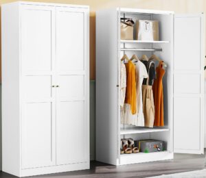 metal wardrobe cabinet with hanging rod,white armoire wardrobe closet,metal clothing storage cabinet with adjustable shelves and doors,72" wardrobe storage cabinet for home,living/laundry room