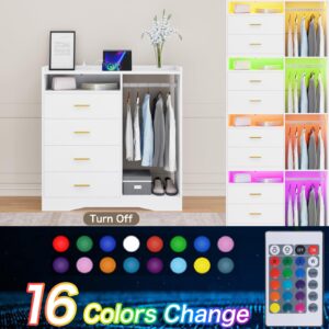 Wooden Dresser for Bedroom with Clothing Rack, White 4 Drawers Dresser with Charging Station and LED Lights, Tall Clothes Dresser for Small Space Hallway Closet