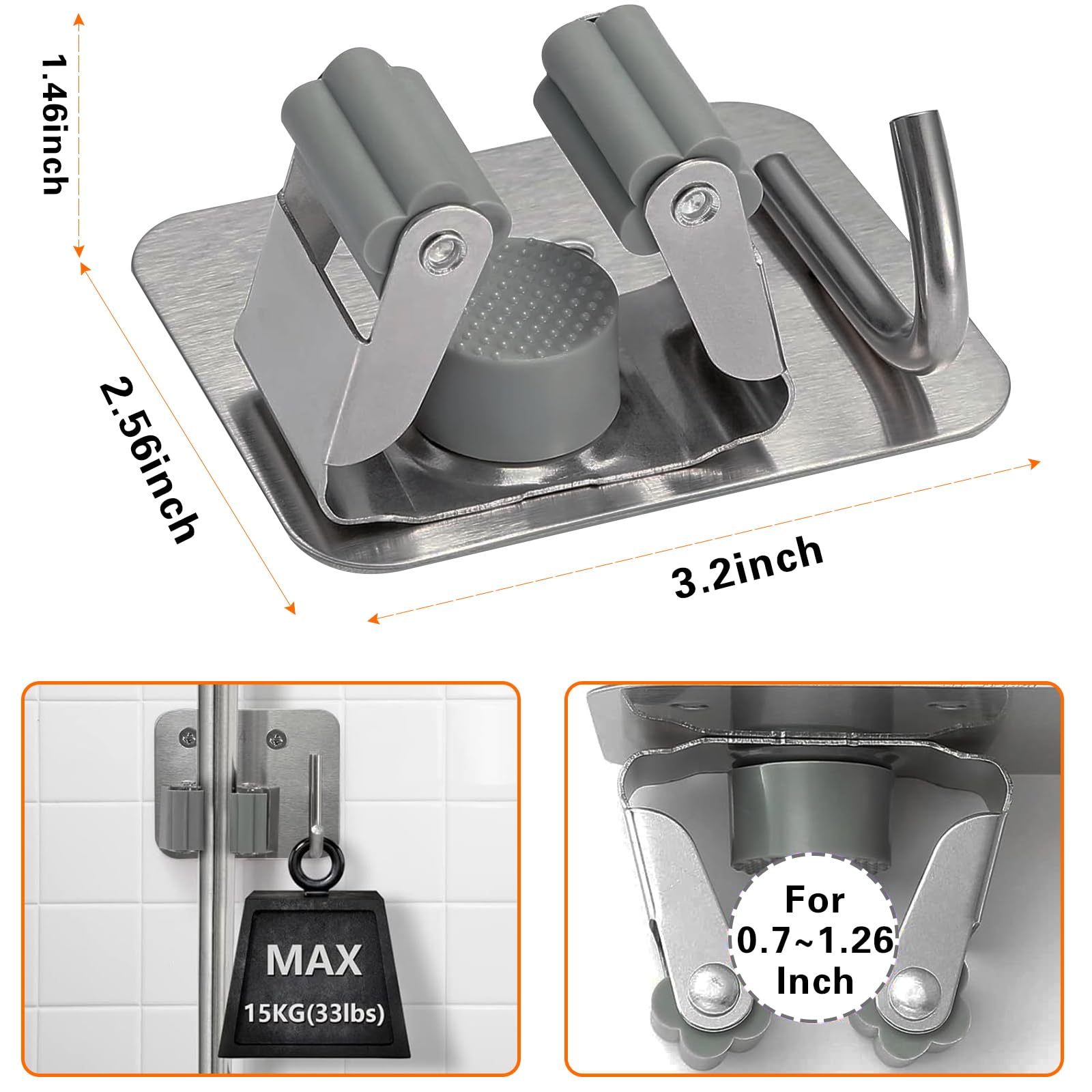 Mop Broom Holder-Self Adhesive Stainless Steel Broom Hanger Organizer for Bathroom, Kitchen, Office，Utility Room，Laundry Room,Home Garden, Garage Storage and Organization Rack(Silver gray-4Psc)