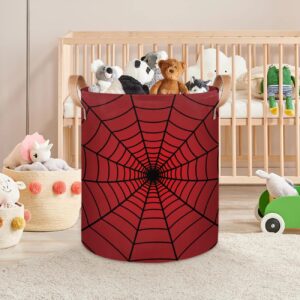 Collapsible Laundry Hamper Basket, Red Spider Web Round Laundry Basket with Leather Handle Storage Organizer Bin for Toys Bin Nursery Home Storage Bedroom Decor