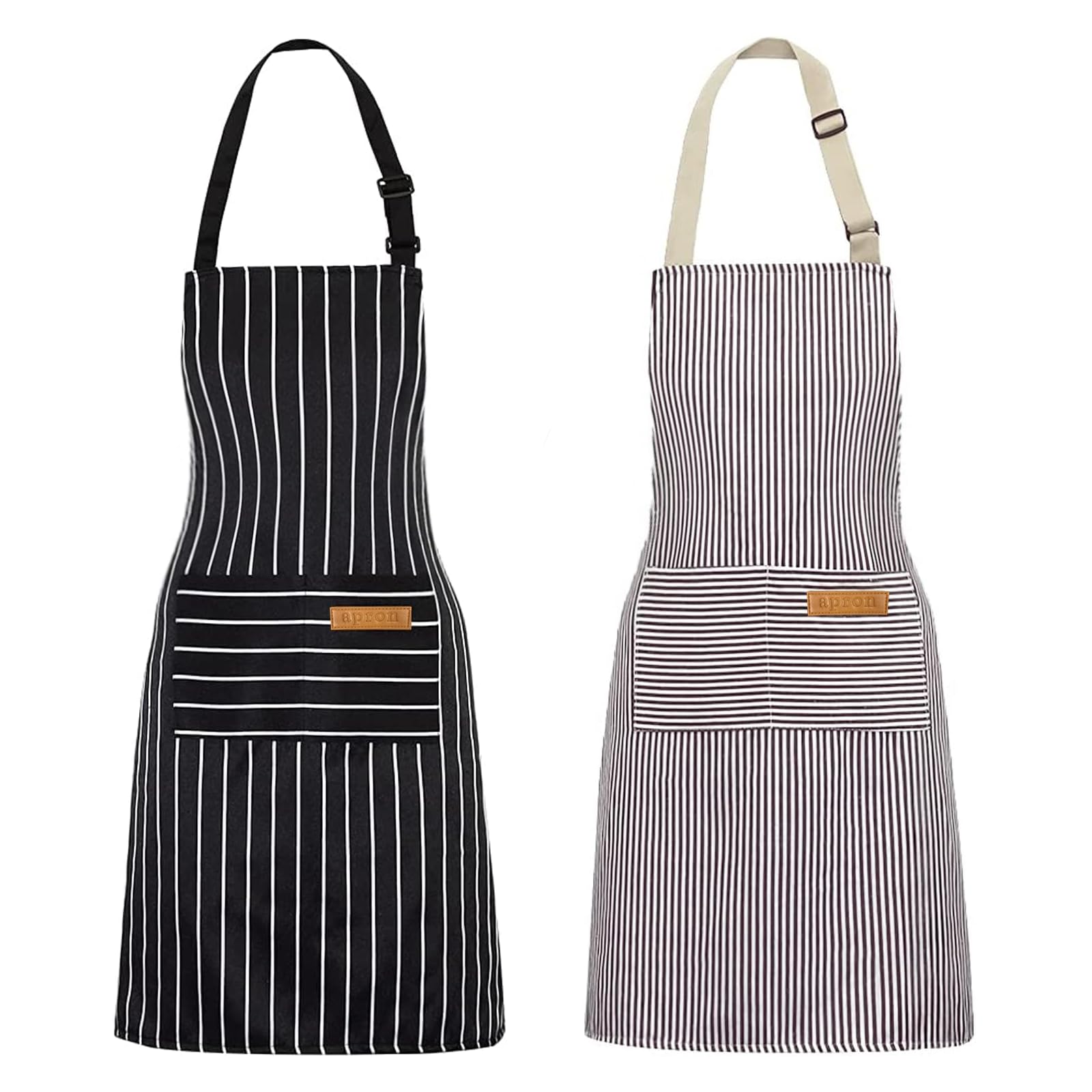 VALOME 2 Pack Kitchen Aprons, Apron for Restaurant with Adjustable Neck Strap, 2 Pockets Chef Aprons for Cooking Baking (Black & Brown)