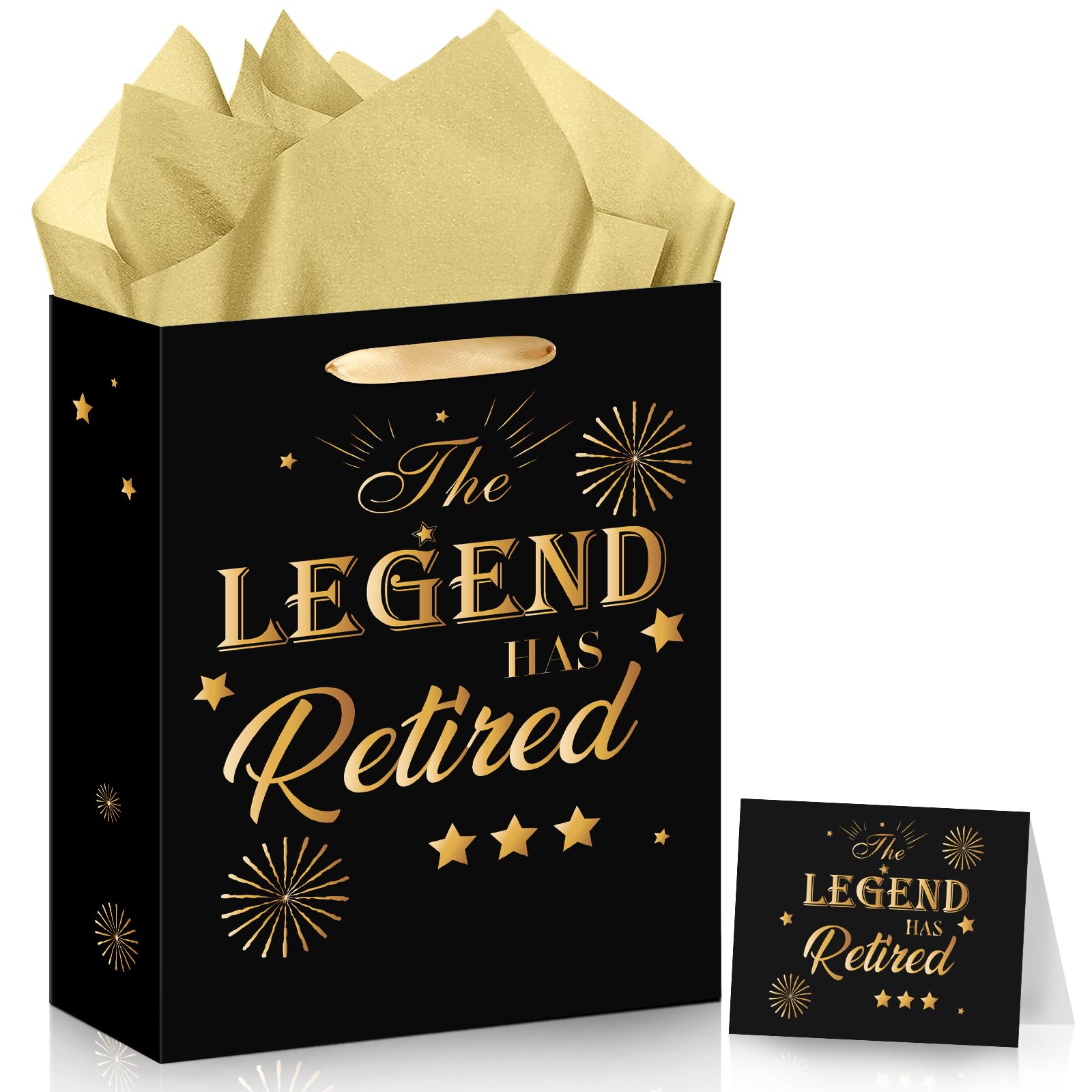 Retirement Gift Bag with Tissue Paper and Greeting Card for Men Women Black Gold Retirement Gift Wrapping Paper Bag for Office Coworker Christmas Xmas Farewell Going Away Party Favors Gift Wrap Bags