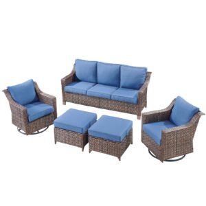 Opohoro 5 Pieces Patio Conversation Sets-Outdoor Furniture All Weather Wicker Couch with Swivel Glider Chair Patio Conversation Set for Porch Garden Backyard Poolside-Brown/Blue