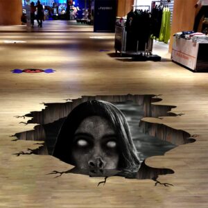 3d halloween wall floor decals, scary blind woman from ground crack realistic halloween stickers cling, removable floor art for bedroom living room bar pub party supplier