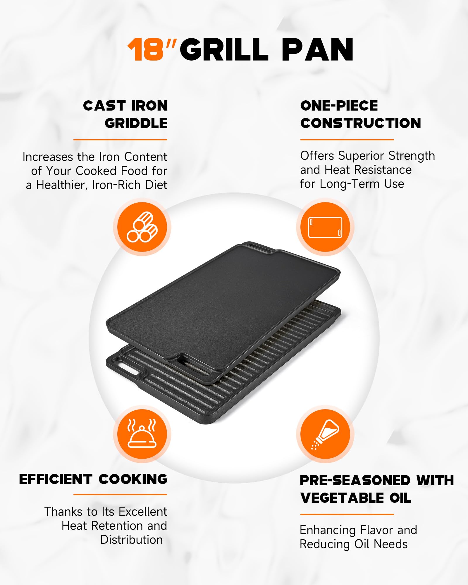 DARTMOOR 2-in-1 Reversible Cast Iron Griddle, 18 in Pre-Seasoned Cast Iron Grill Pan with Pan Scrapers, Double Side Rectangular Frying Pan with Non-Stick Surface, Indoor & Outdoor Use