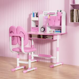 washranp kids study desk and chair set, height adjustable kids study desk with storage drawer bookstand,ergonomic desk for kids with desktop children study desk pink