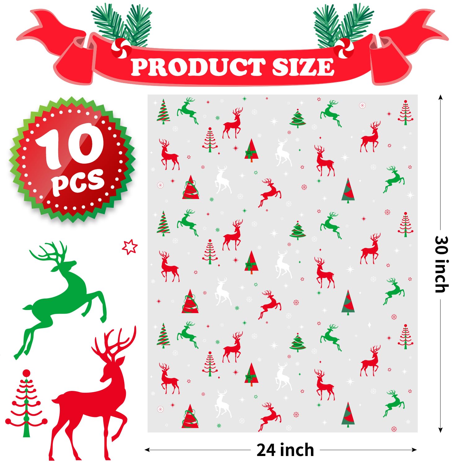 CUDICY Christmas Cellophane Gift Bags 10pcs Large Holiday Gift Wrap 24x30 Inch Clear Gift Basket Wrapping Plastic (Christmas tree,Reindeer)