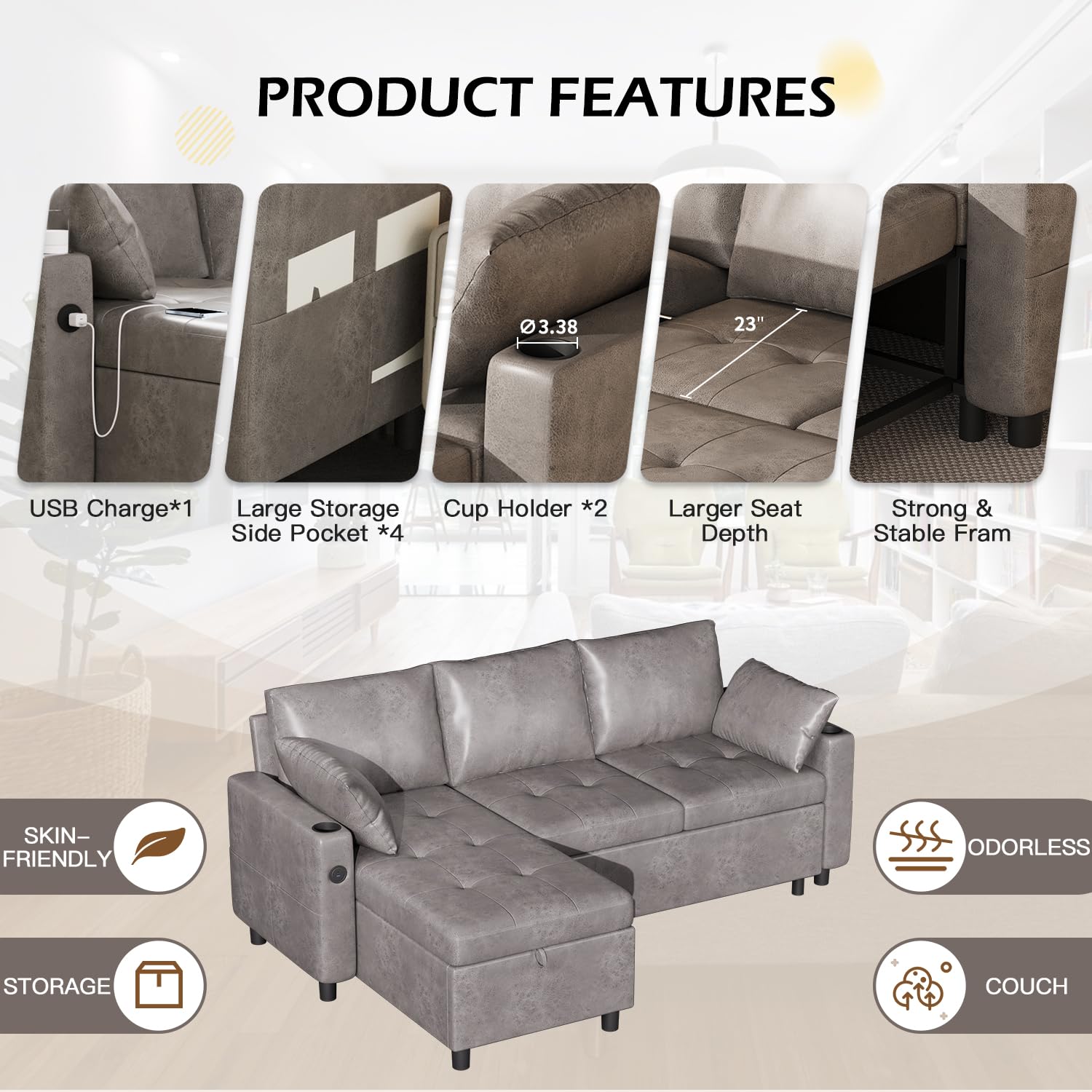 Esright Sleeper Sofa Couch with Pullout Bed, Faux Leather Sofa Bed Pull Out Couch Bed Sofa Pull Out Couch with Storage, Sectional Sleeper Sofa Couch with Pull Out Bed for Living Room Clearance, Grey