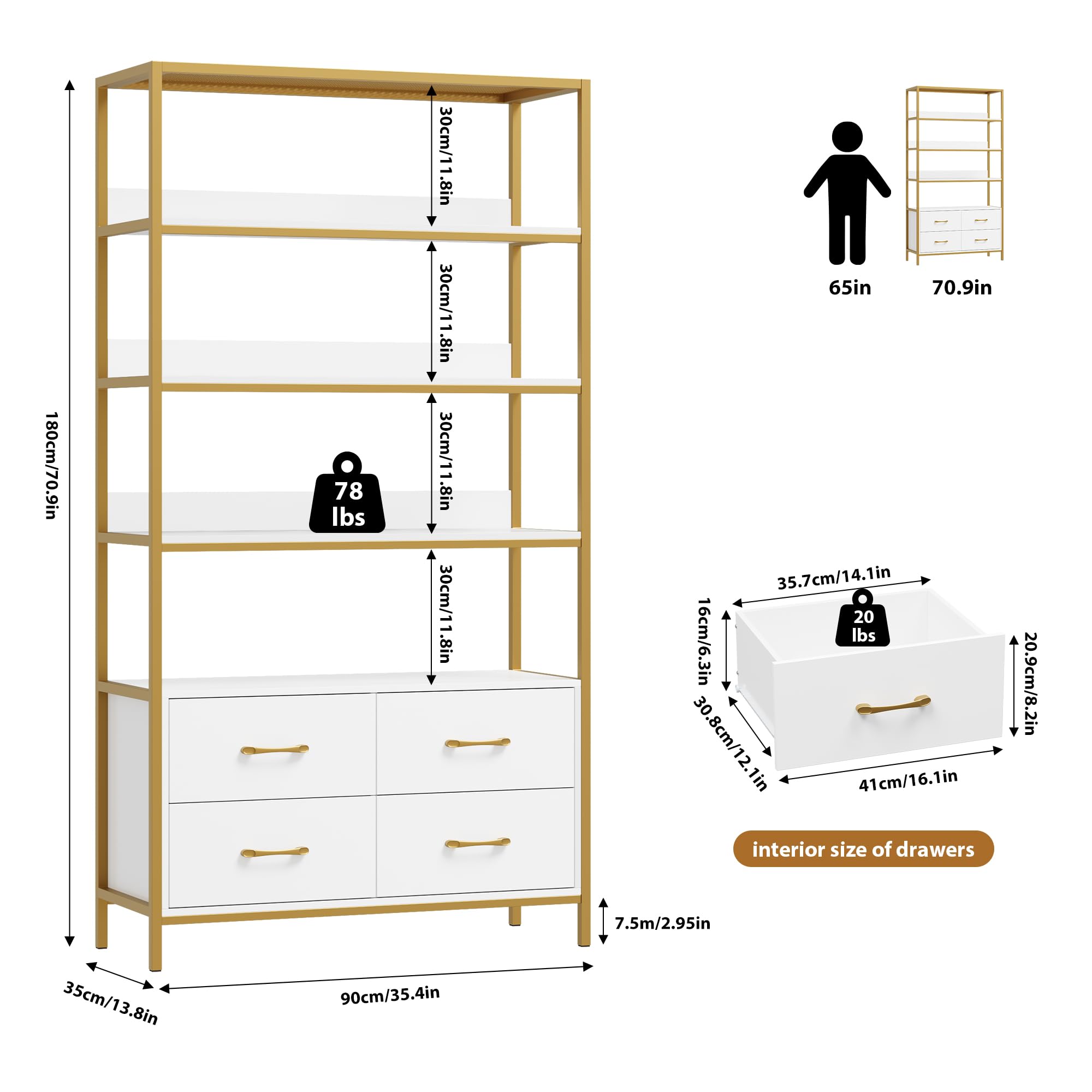 HITHOS 5 Tier Bookshelf with Drawers, 71" Tall Bookcase with Shelves, 35.4" Wide Free Standing Book Storage Shelf, Modern Wood Display Cabinet for Living Room, Study, Home Office, White Gold