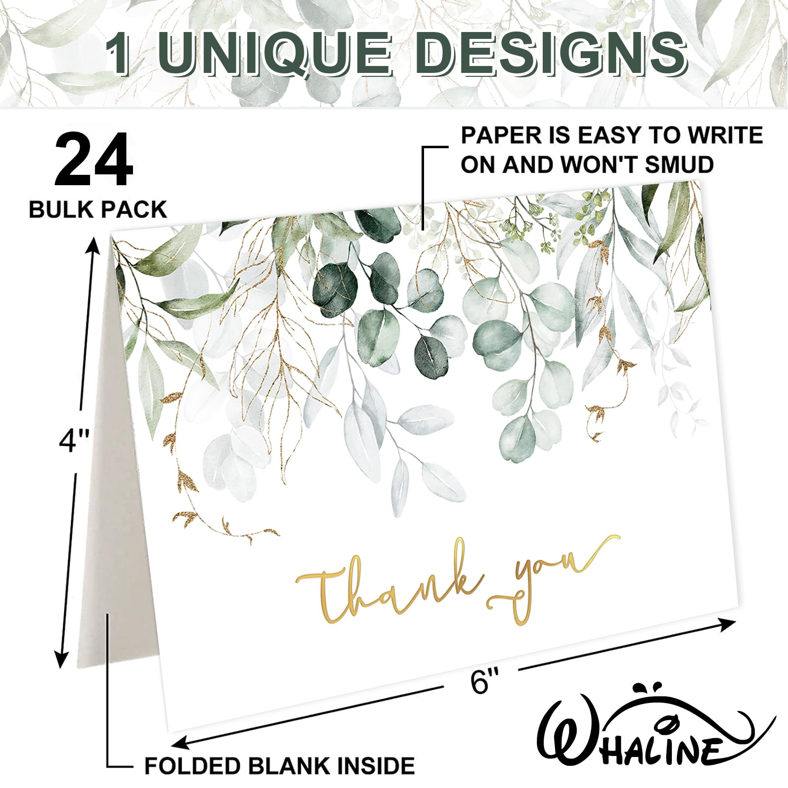 Whaline 24 Pack Greenery Thank You Cards Gold Foil Eucalyptus Leaves Thank You Note Cards with Envelopes Stickers for Spring Wedding Baby Shower