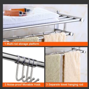 Towel Rails Wall Mounted Hotel Towel Shelf Storage Holder Compatible with 4 Hooks,Bathroom/Kitchen Towel Rack Stainless Steel for for Towels, Bathrobe, Tea Towels Towel Racks to Pursue Happiness