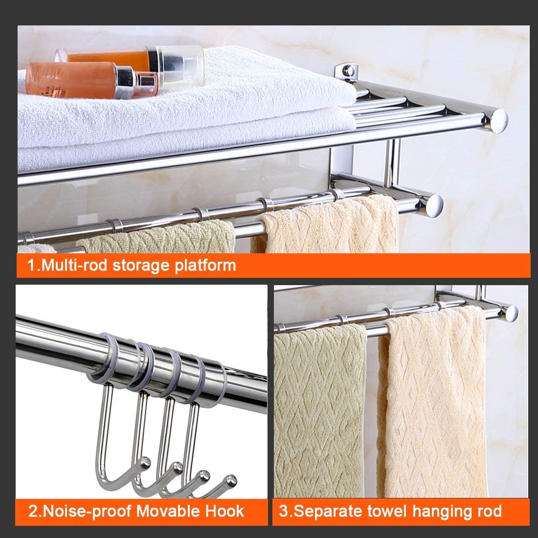 Towel Rails Wall Mounted Hotel Towel Shelf Storage Holder Compatible with 4 Hooks,Bathroom/Kitchen Towel Rack Stainless Steel for for Towels, Bathrobe, Tea Towels Towel Racks to Pursue Happiness