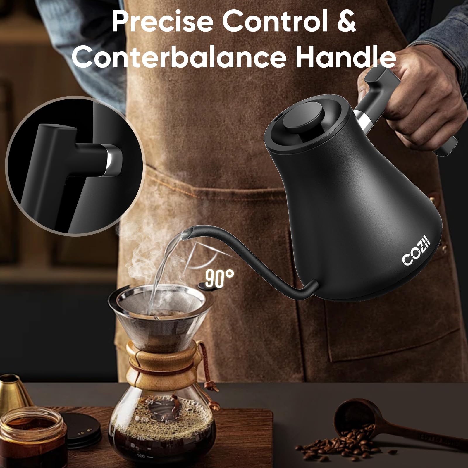 COZII Gooseneck Electric Kettle, 5 Presets & ±1℉ Temperature Control 1200W Quick Heating Water Boiler for Coffee/Tea, 24H Keep Warm, Auto Shut Off Pour Over Kettle with 50pcs Coffee Filter,0.9L Black