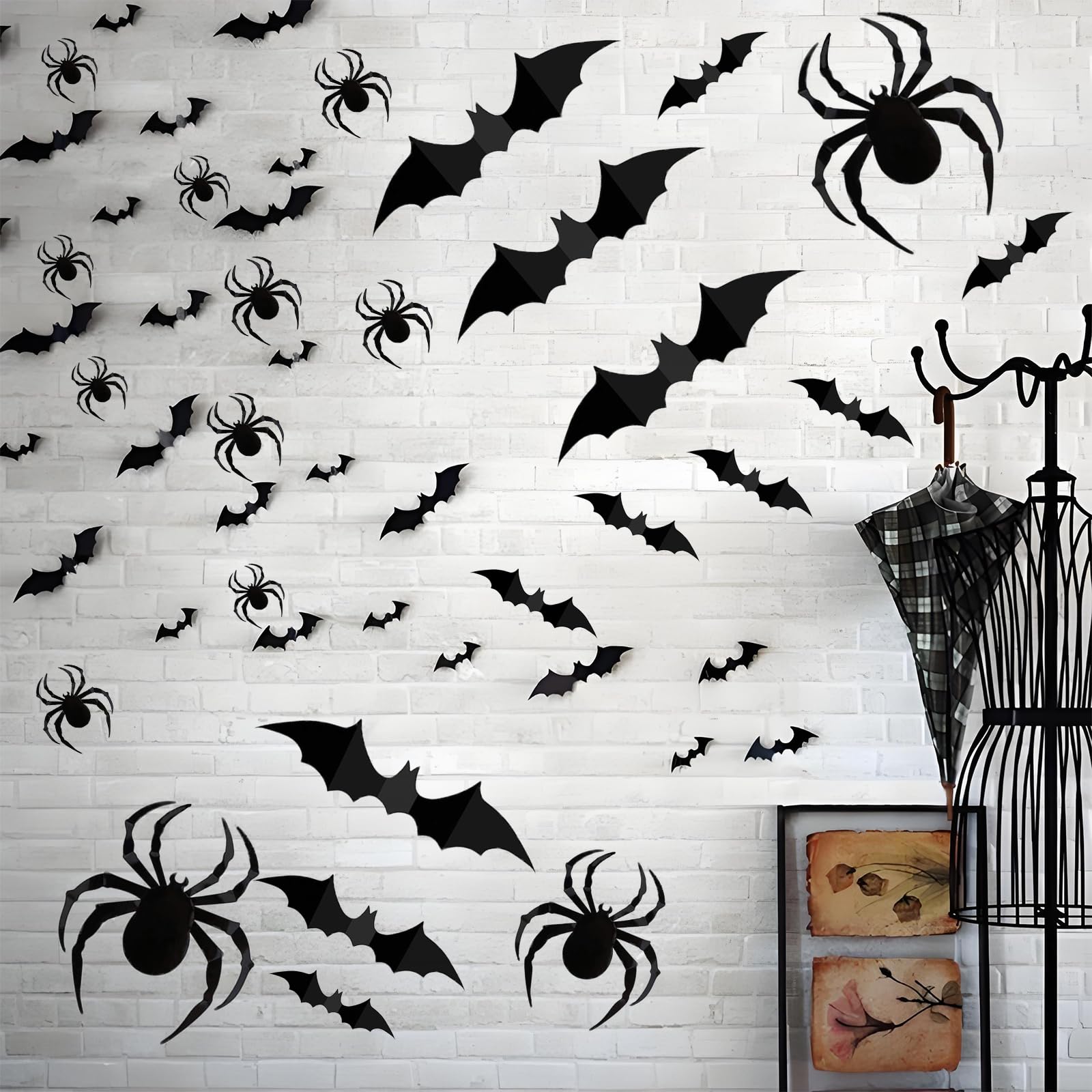 152 Pcs Hallween Decorations: Bats Wall Decor 140PCS 3D PVC Black Scary Bat Sticker and 12PCS 3D Scary Spider Stickers for Creepy Home Decor Halloween Party Decorations DIY Wall Decal