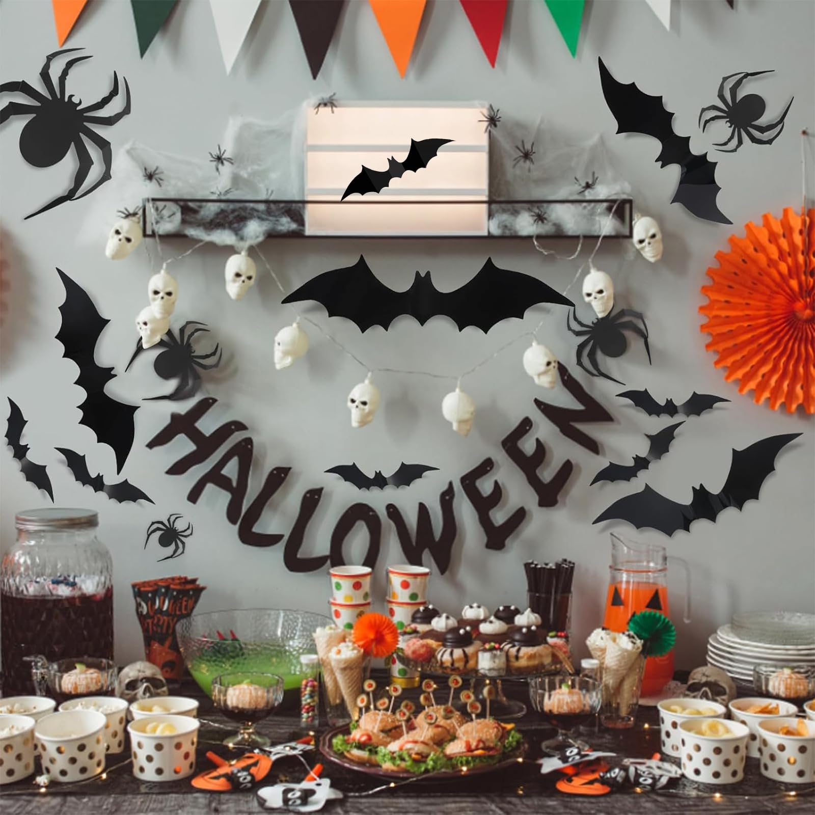 152 Pcs Hallween Decorations: Bats Wall Decor 140PCS 3D PVC Black Scary Bat Sticker and 12PCS 3D Scary Spider Stickers for Creepy Home Decor Halloween Party Decorations DIY Wall Decal