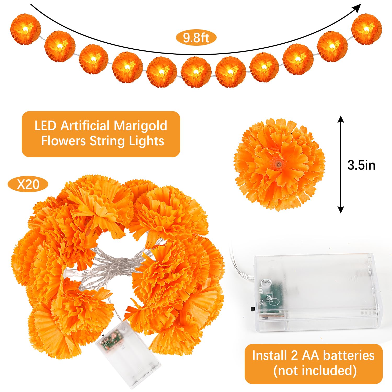 Marigold Garland for Decoration, 1 LED Marigold Garland String Lights with 30 Marigold Flowers for Day of The Dead Decorations Halloween Decorations