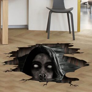 3D Halloween Wall Floor Decals, Scary Blind Woman from Ground Crack Realistic Halloween Stickers Cling, Removable Floor Art for Bedroom Living Room Bar Pub Party Supplier