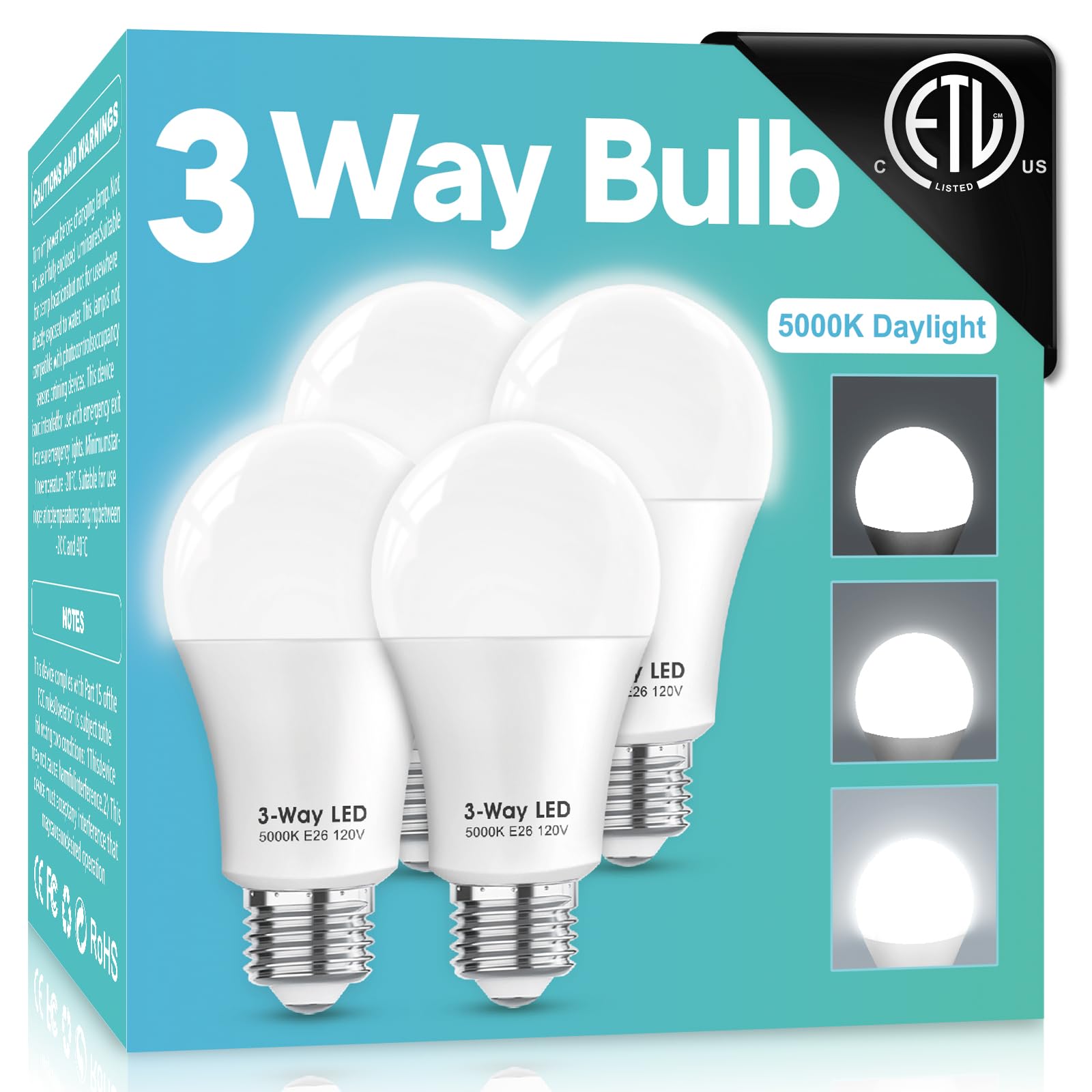 Gonhom ETL Listed 3 Way LED Light Bulbs Daylight White 5000K,30 70 100W Equivalent 3 Way Light Bulbs, A19 E26 Medium BaseThree Way Light Bulbs,Perfect for Reading,Indoor LED Bulb(4 Pack)