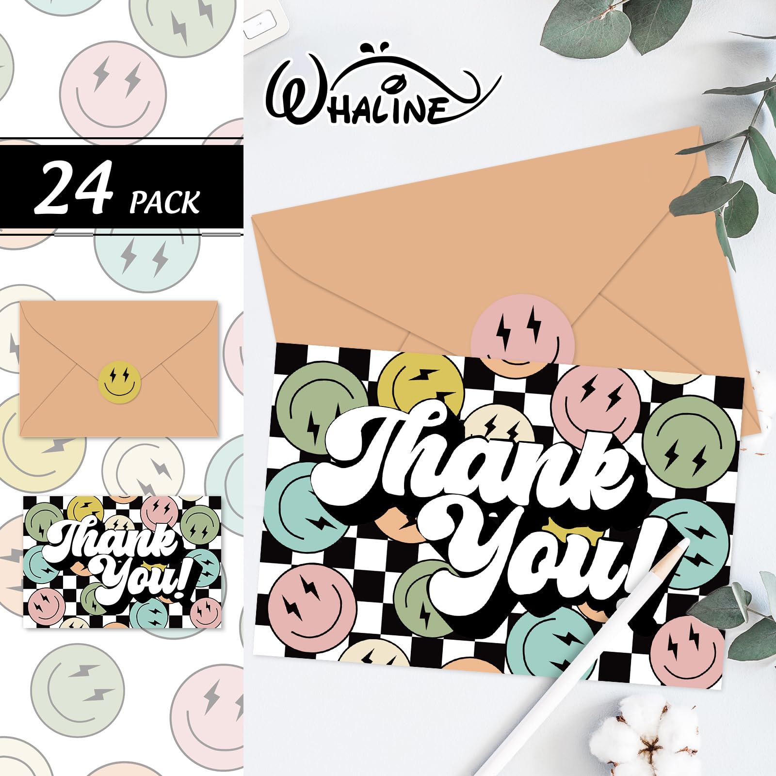 Whaline 24 Pack Groovy Thank You Cards Checkerboard Smile Face Thank You Note Cards with Envelopes Stickers for Baby Shower Birthday