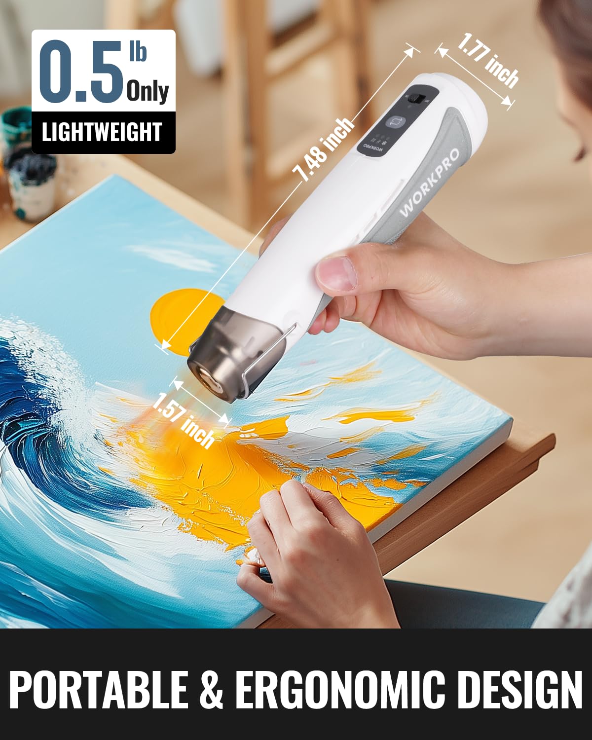 WORKPRO 7.2V Mini Cordless Heat Gun, 680℉ Hot Air Gun with Reflector Nozzle, 3 Temp Settings - Cool Air, 302℉(150℃)/680℉(360℃), Fully Ceramic Heating Core for Craft Embossing, Shrink Wrapping PVC