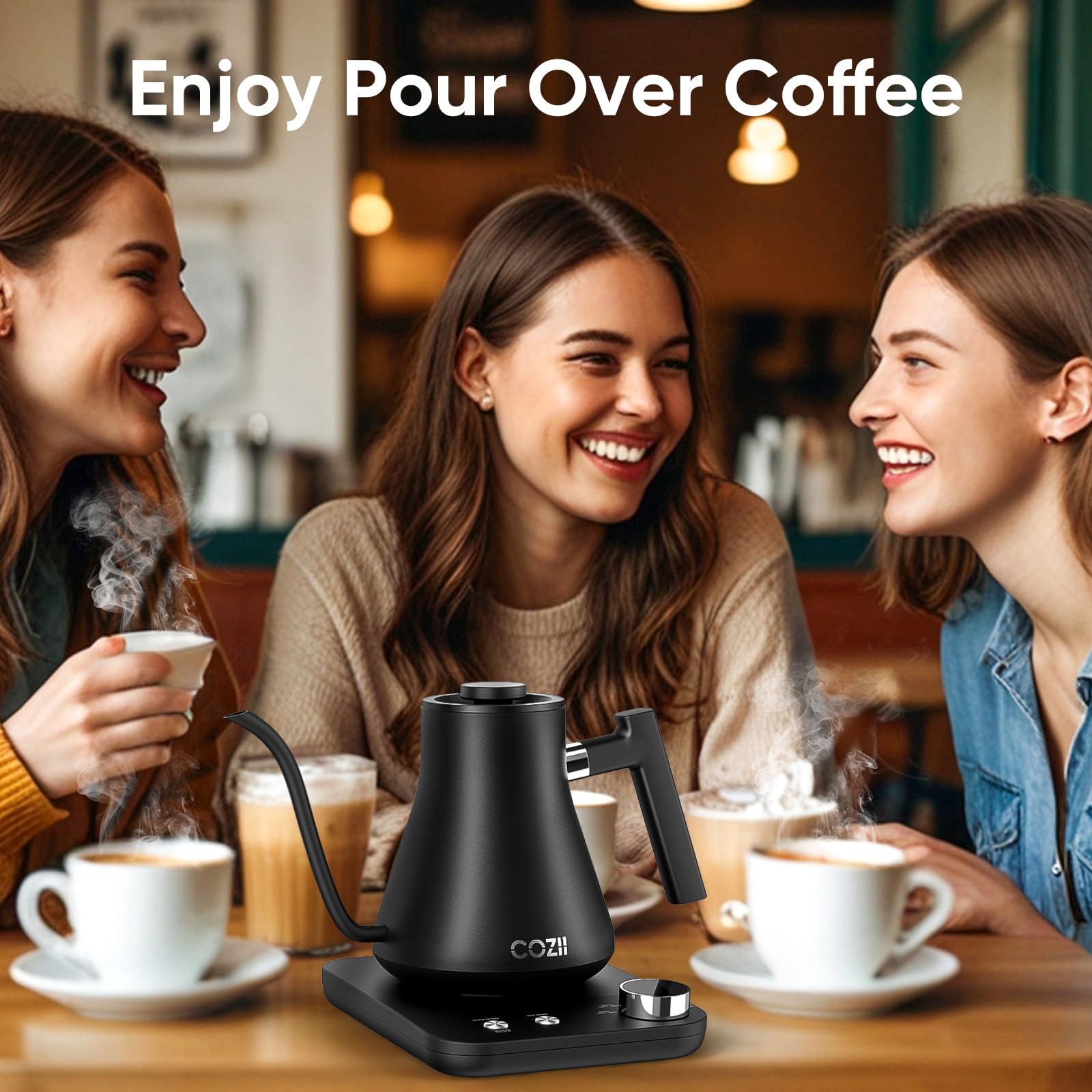 COZII Gooseneck Electric Kettle, 5 Presets & ±1℉ Temperature Control 1200W Quick Heating Water Boiler for Coffee/Tea, 24H Keep Warm, Auto Shut Off Pour Over Kettle with 50pcs Coffee Filter,0.9L Black