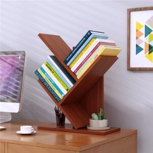 MIAO YUAN Wooden 3 Tier Open Bookshelf Tree Design Book Organizer, Desktop Storage Rack for CDs/Albums/Books/Magazines, Modern Freestanding Display Shelf for Home, Office, Living Room