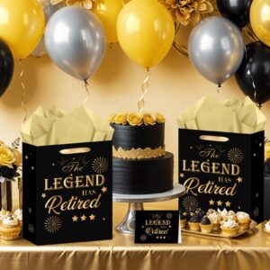 Retirement Gift Bag with Tissue Paper and Greeting Card for Men Women Black Gold Retirement Gift Wrapping Paper Bag for Office Coworker Christmas Xmas Farewell Going Away Party Favors Gift Wrap Bags