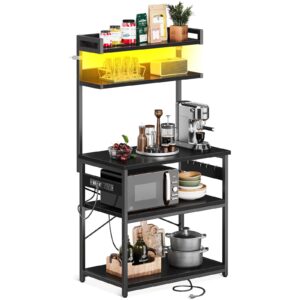 casaottima bakers rack with power outlet & led lights, coffee bar with storage 5-tiers, microwave stand kitchen shelf 16.5 * 31.5 * 59 inches, kitchen coffee rack, black