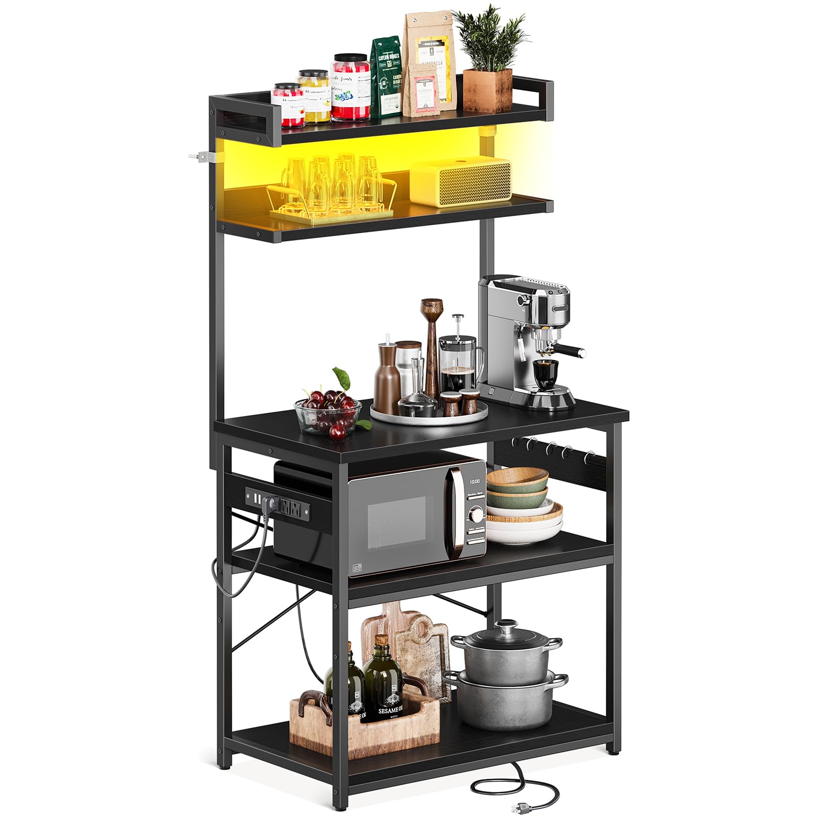 Casaottima Bakers Rack with Power Outlet & LED Lights, Coffee Bar with Storage 5-Tiers, Microwave Stand Kitchen Shelf 16.5 * 31.5 * 59 inches, Kitchen Coffee Rack, Black