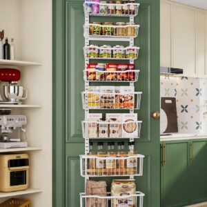 Eastherry Over The Door Organizer，8-Tier Over The Door Pantry Organizer with Adjustable Baskets，Metal Hanging Pantry Organizers and Storage for Kitchen, Back of Door Seasoning Rack (White)