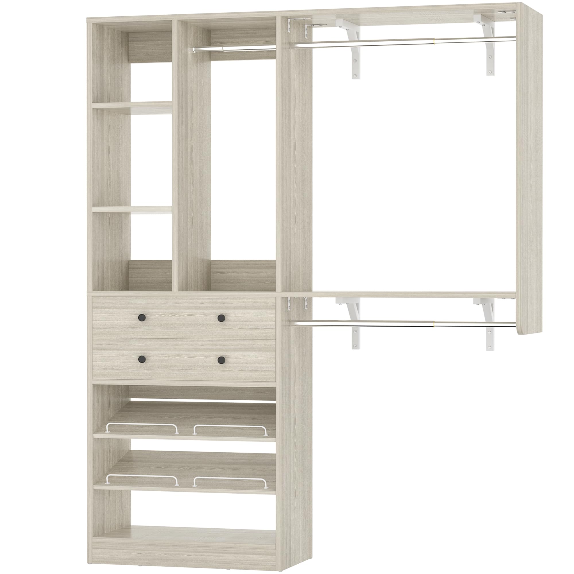 Besiost Closet System - 5FT Small Closet System with Drawers, 60" Closet Organizer System with Reversible Hanging Shelving, Closet Systems for Small/Walk-in Closets, Greige Oak