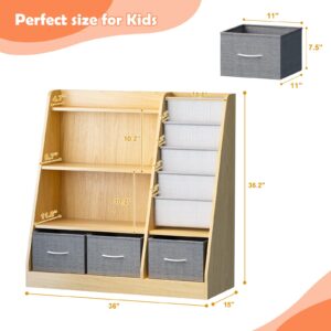 Kid Sling Bookshelf with 3 Storage Bin Drawers Baby Nursery Book Shelf Wood Book Display Shelf Toddler Toy Box Organizer Child Bookcase Montessori Book Rack Cabinet Boy Girl Kid Room Playroom Bedroom