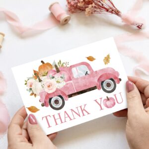 Whaline 24 Pack Fall Thank You Cards Bulk Pink Truck Pumpkin Floral Greeting Cards with Envelopes Stickers Blank Note Cards for Autumn Thanksgiving Wedding Bridal Baby Shower