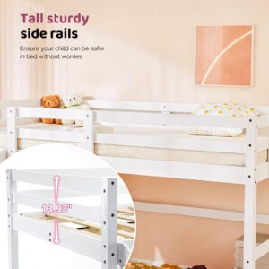 VINGLI Loft Bed with Slide, Twin, Space Saving Kids Low Loft Bed with Guardrail and Ladder, Pine Wood and Sturdy Bed Frame for Boys and Girls, White