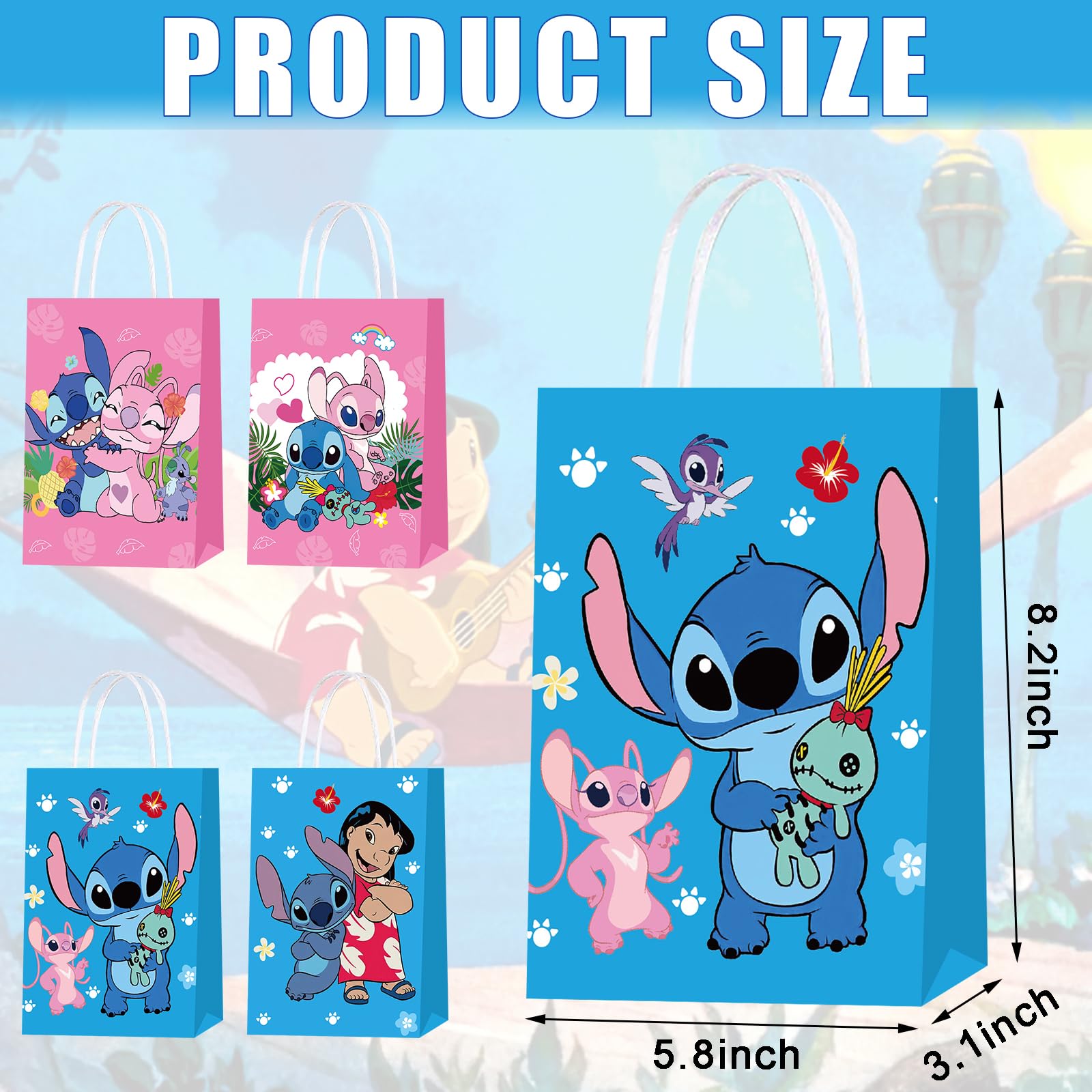 KULINAN 20 PCS Stitch Kraft Paper Gift Bags with Handles, Stitch Party Favor Bags Party Goodie Bags for Birthday Party Decorations