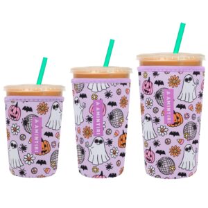 3 pack reusable sleeve for iced coffee cup, coffee neoprene sleeve for iced&hot drinks, coffee sleeve compatible with starbucks, dunkin coffee cup. (halloween boo)