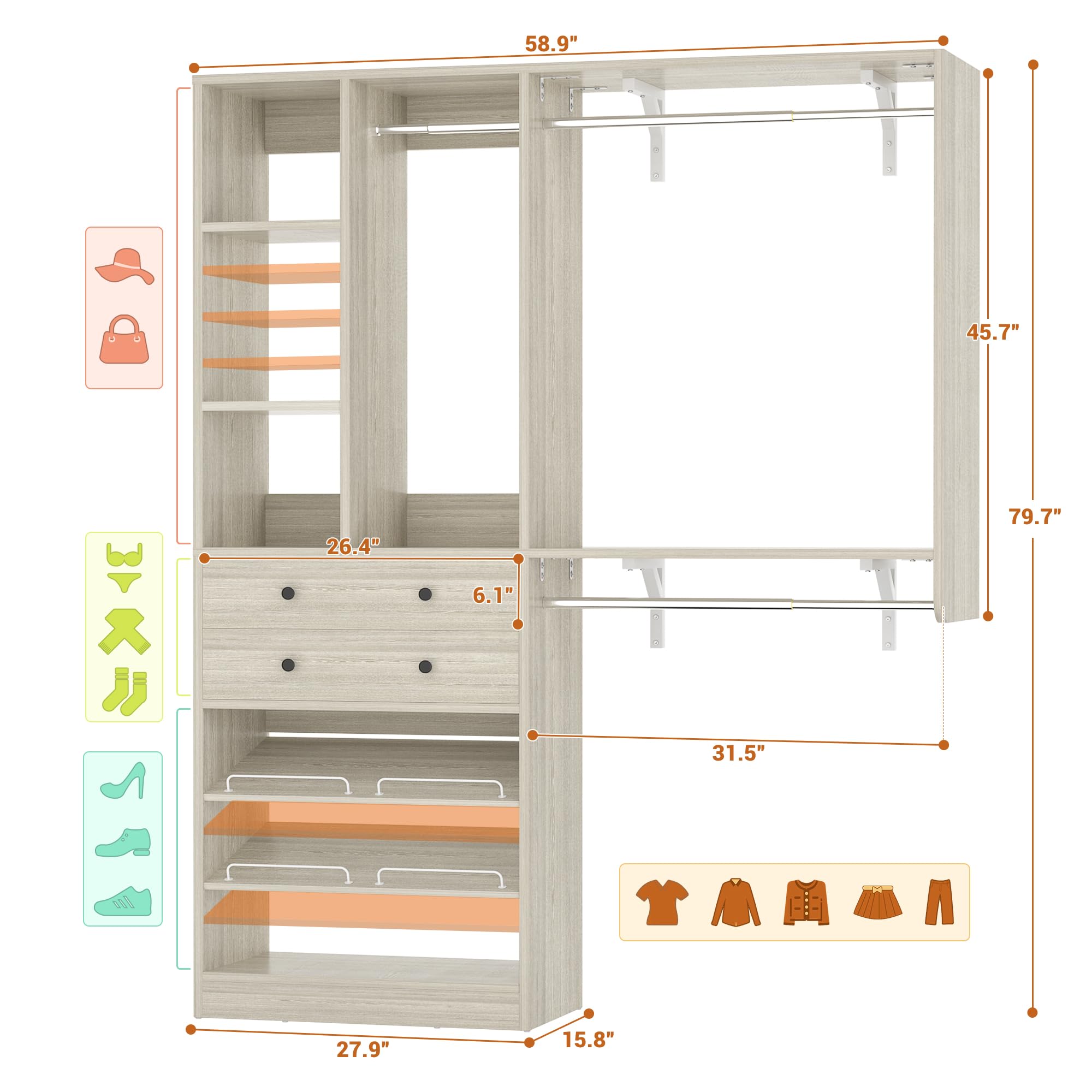 Besiost Closet System - 5FT Small Closet System with Drawers, 60" Closet Organizer System with Reversible Hanging Shelving, Closet Systems for Small/Walk-in Closets, Greige Oak