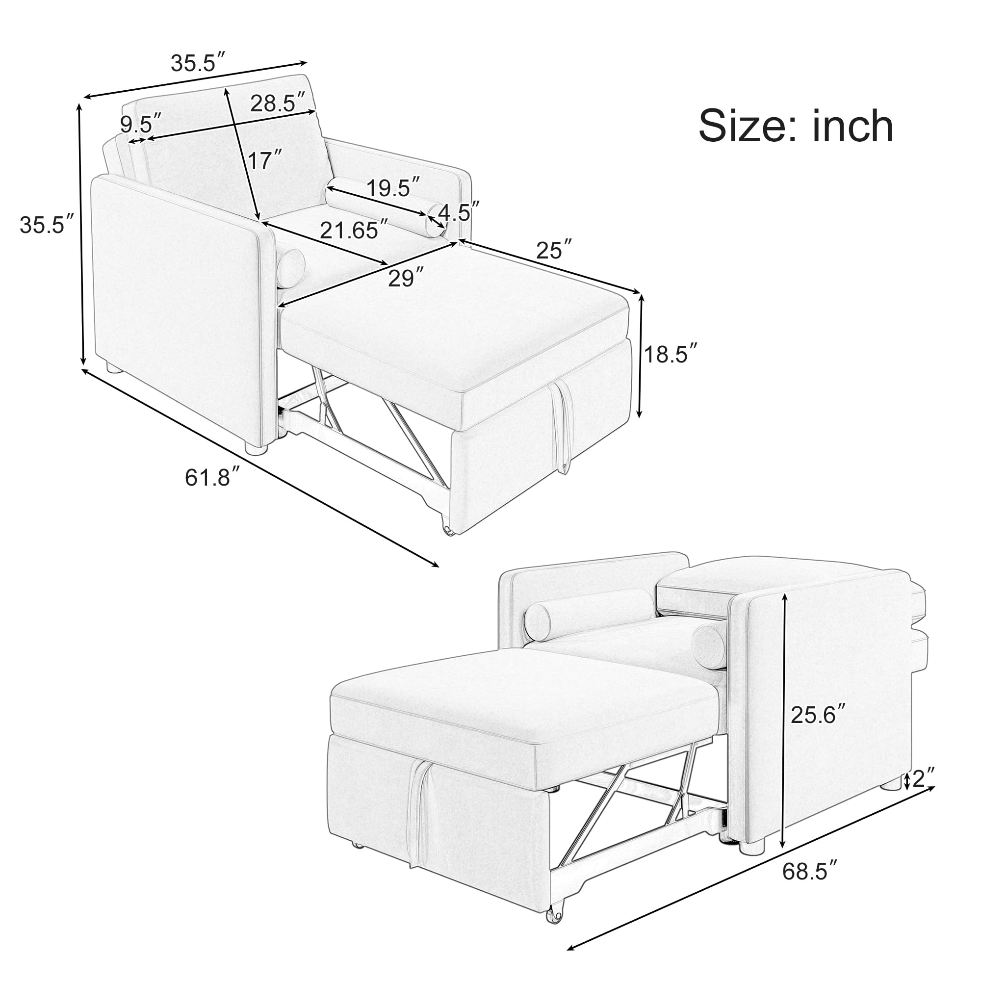 Merax 3-in-1 Convertible Sofa Bed Chair Singe Pull Out Sleeper Couch with Adjustable Backrest Single Armchair Tan