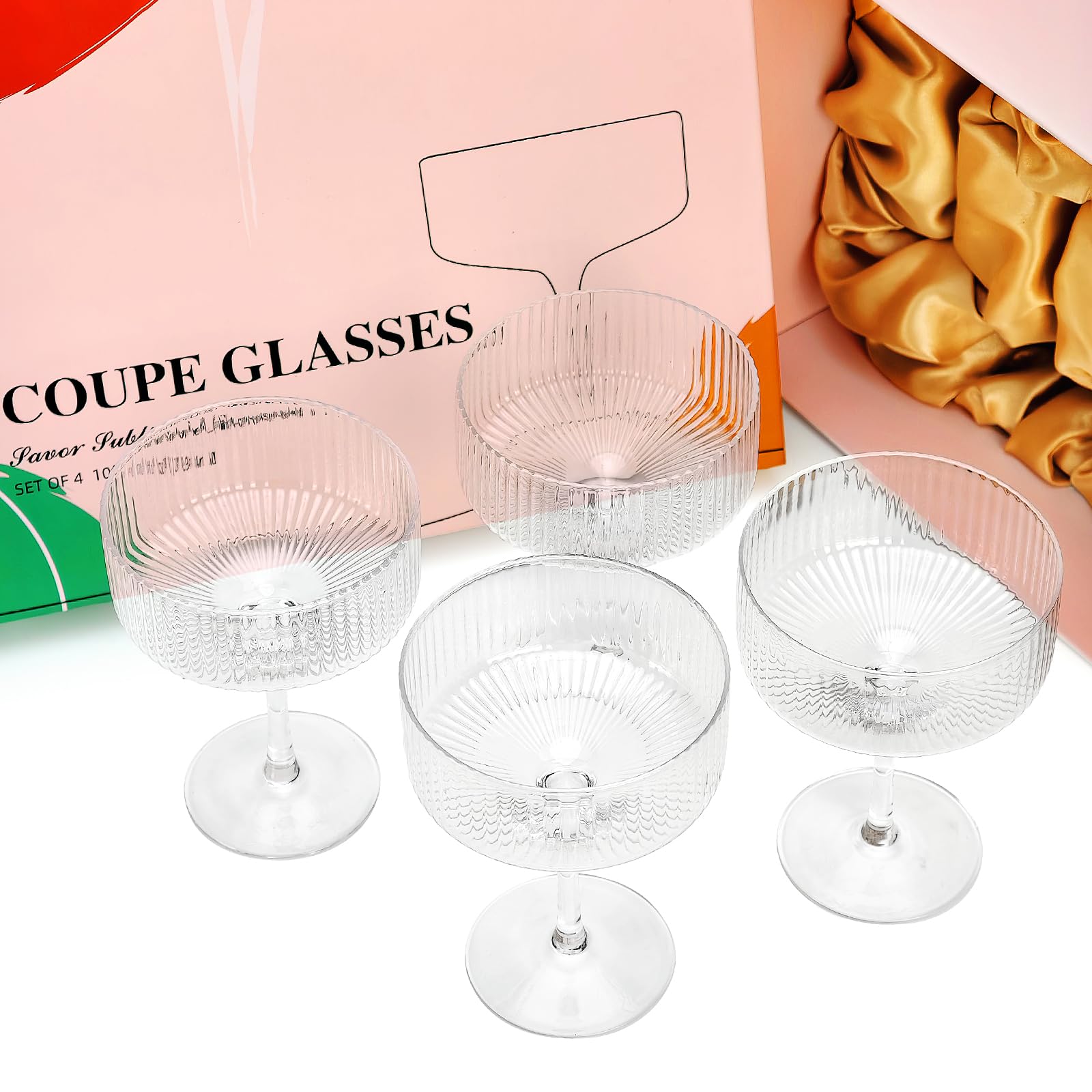 4 Pcs Coupe Glasses, Hand Blown 10 oz Cocktail Glasses, Ribbed Martini Glasses, Gift Boxed Drinking Glasses Set Pefect for Espresso Martini, Manhattan, Cocktail, Wine, Champagne