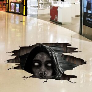 3D Halloween Wall Floor Decals, Scary Blind Woman from Ground Crack Realistic Halloween Stickers Cling, Removable Floor Art for Bedroom Living Room Bar Pub Party Supplier