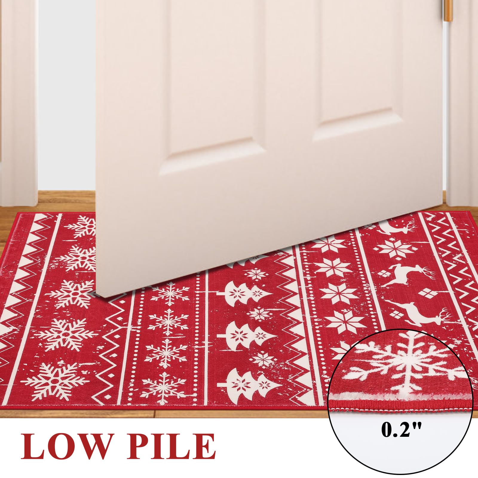 SHACOS Christmas Doormat 2x3ft Red Snowflakes Christmas Tree Deer Xmas Holiday Decor Non Slip Soft Machine Washable Christmas Decorative Rug Small Rug Indoor Front Door Mat for Entryway, Red Beige