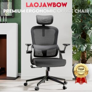 LaoJawBow Ergonomic Office Chair - 500LB Comfy Desk Chairs with Headrest and Lumbar Back Support, Heavy Duty Mesh Computer Chairs with Wheels and Arms for Home Office, Study, Bedroom and College Dorm