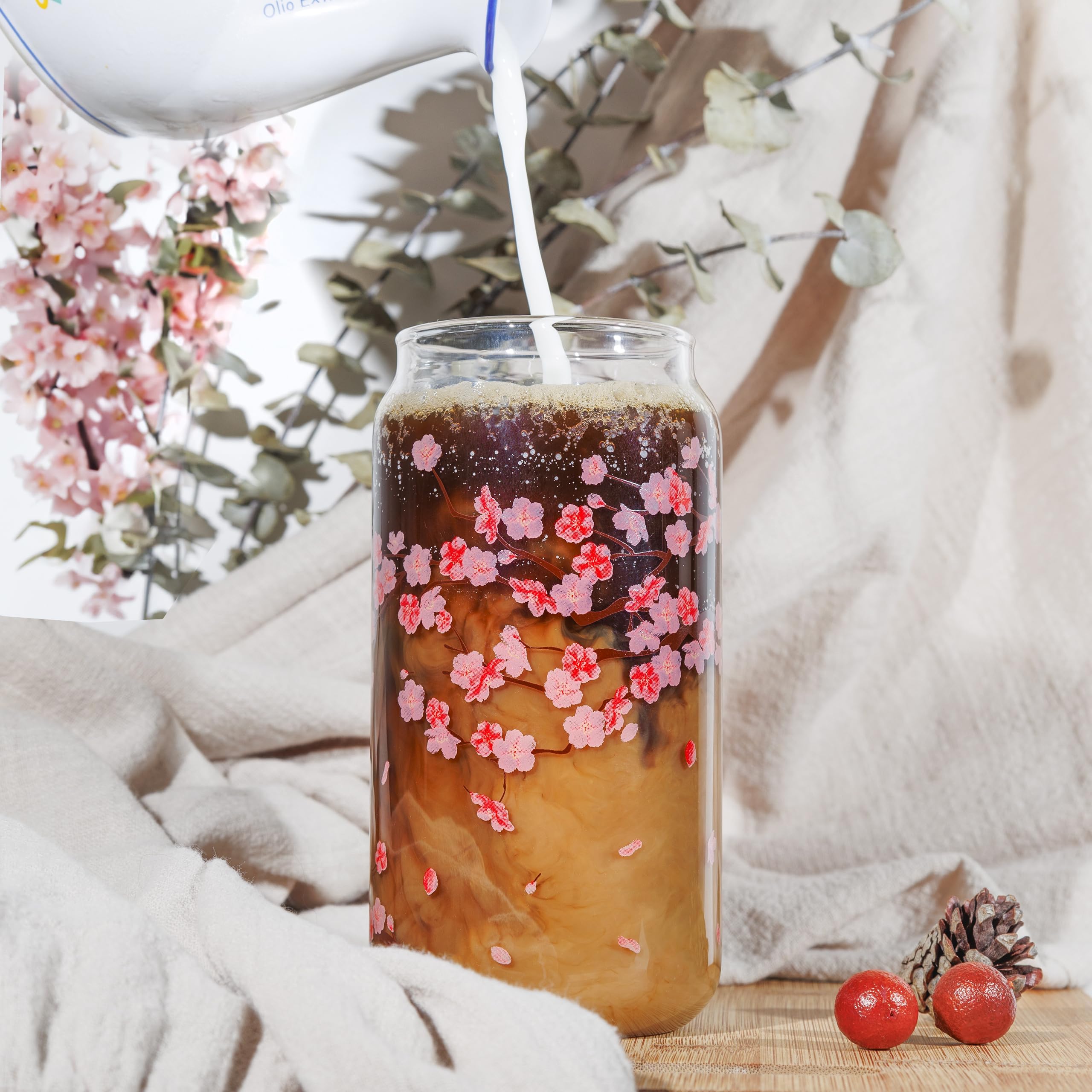 Aesthetic Cherry Blossom Glass Cup with Lid and Straw - Cute Coffee, Latte, Matcha Tumbler 16 oz - Floral Iced Coffee Cup - Preppy Birthday Gift for Women, Best Friends, Mom, Bridesmaid, Coffee Lover