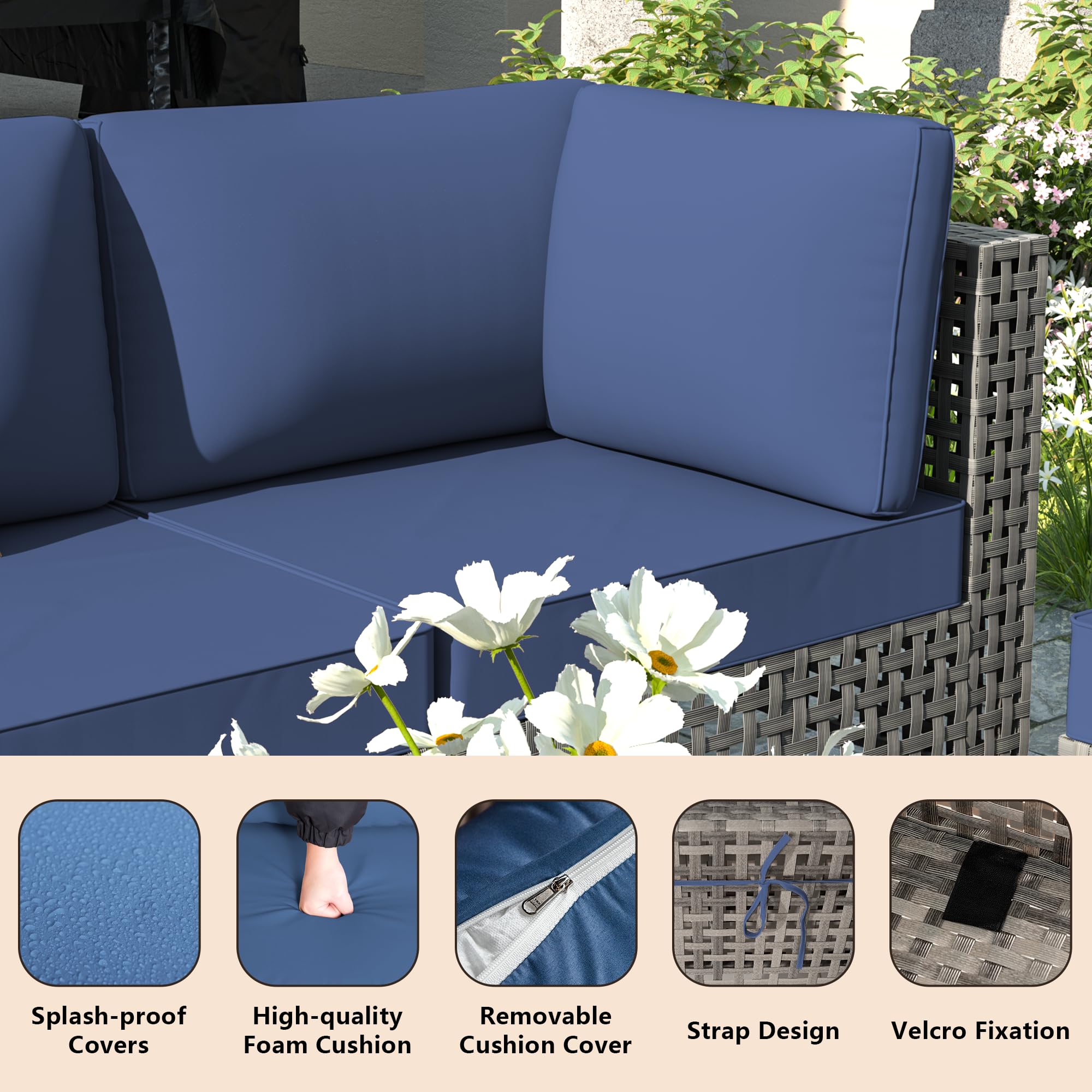 Piltwoff Patio Furniture Set,7 Piece Outdoor Sectional Sofa, Open-Weave Wicker Patio Conversation Sets with Navy Cushions & Glass Coffee Table for Balcony Porch Pool Deck,Grey Rattan