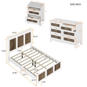 Merax 4 Pieces Bedroom Sets, Queen Size Farmhouse Platform Bed with Wooden Strip Decoration, Storage Nightstand and Dresser with Metal Handle, White