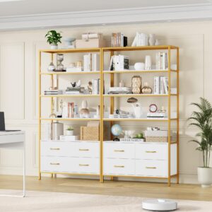 HITHOS 5 Tier Bookshelf with Drawers, 71" Tall Bookcase with Shelves, 35.4" Wide Free Standing Book Storage Shelf, Modern Wood Display Cabinet for Living Room, Study, Home Office, White Gold