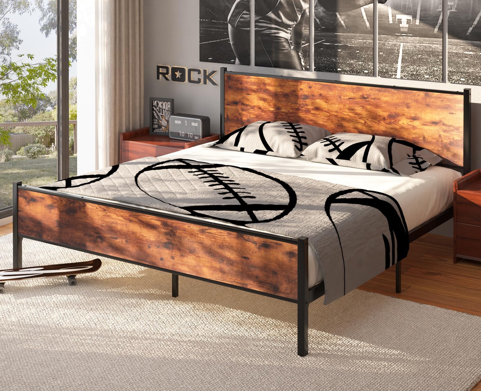 Wokerwie Full Size Wood Platform Bed Frame, with Retro Wooden Headboard and Footboard, Stable Metal Frame Support, No Box Spring Needed, Large Under Bed Storage, Easy Assembly, Noise Free, Brown